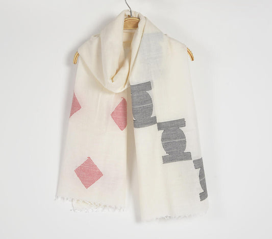 Light Scarf with Geometric Print on Off-White Cotton
