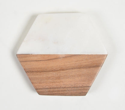 Hexagon Shaped Wood & Marble Coasters - Set of 4