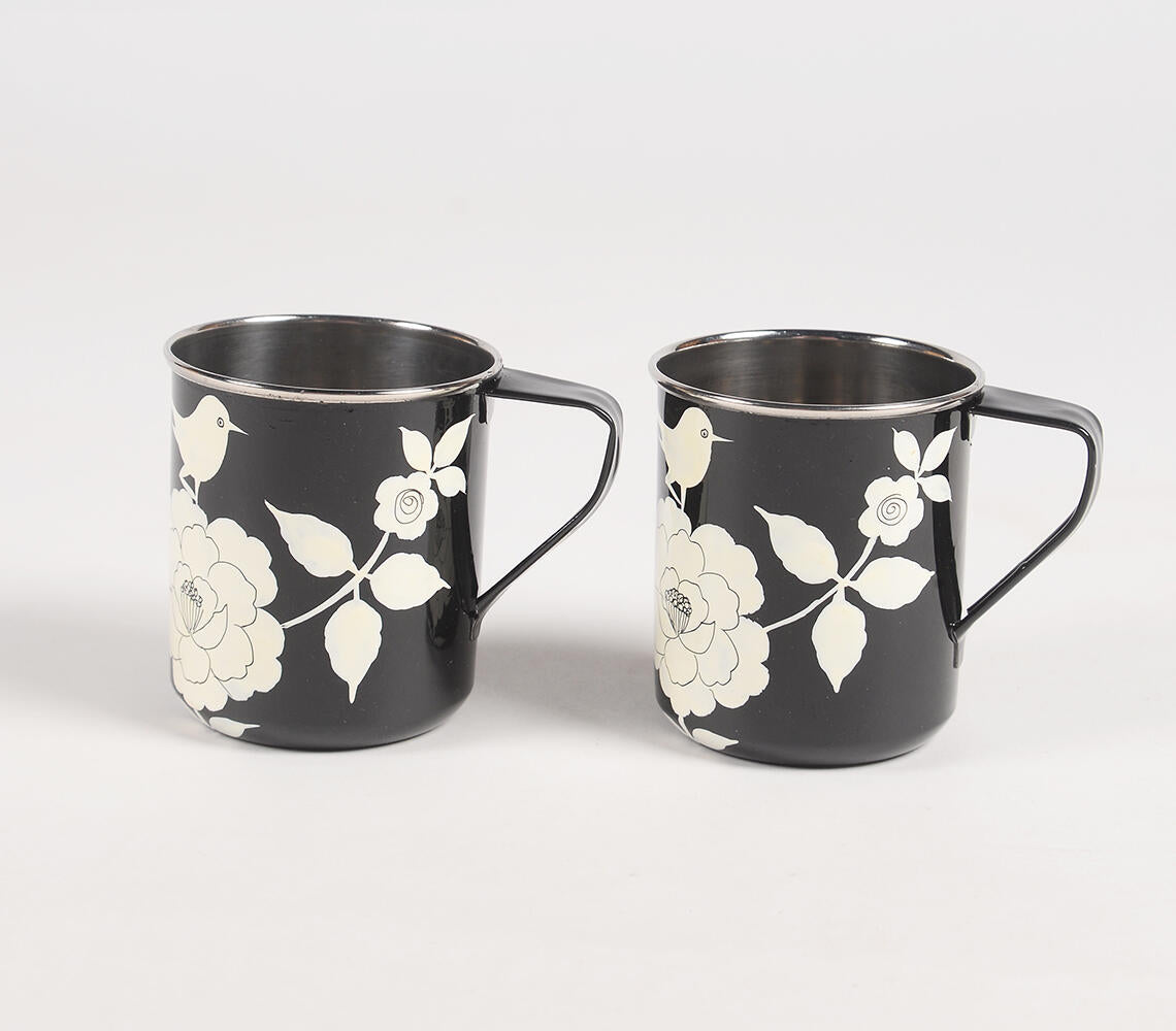 Stainless Steel Mugs, Hand Painted - Set of 2
